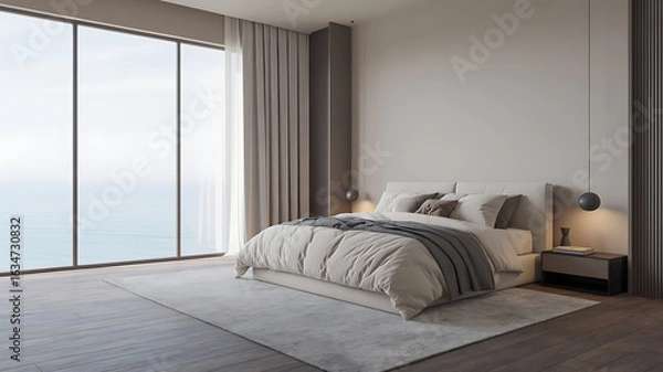 Fototapeta Modern bedroom with ocean views, neutral tones, and a comfortable bed.
