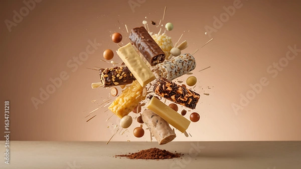 Obraz Assorted chocolate bars and candies explode in mid-air.
