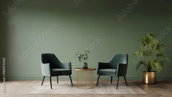 Obraz Green room with two matching armchairs and a small table.
