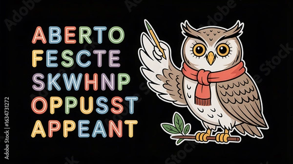 Obraz Owl with pencil, leading words in colorful grid.
