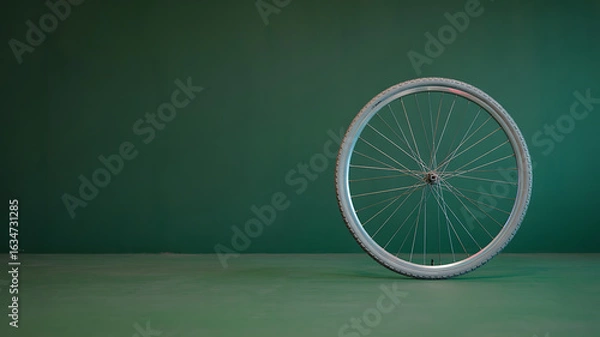 Obraz A single bicycle wheel against a teal wall.
