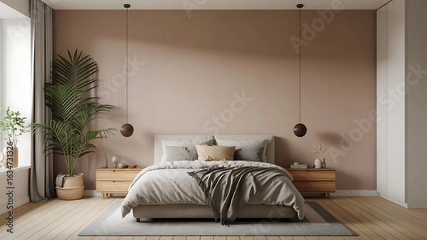 Obraz Calm, neutral bedroom with beige tones and natural light.
