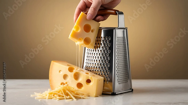 Obraz Hand grating cheese, holes in the cheese, and grated cheese.
