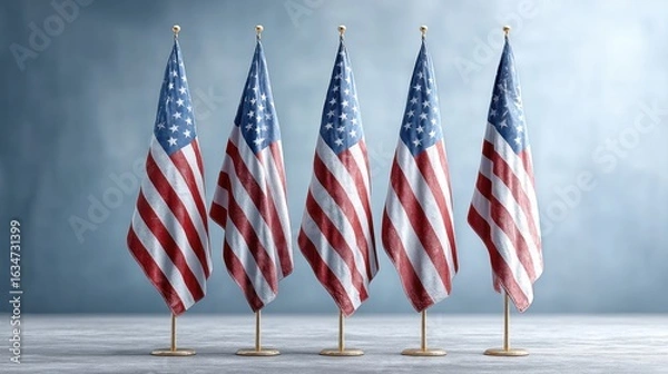 Fototapeta Five American Flags Standing in a Row Against a Gray Backdrop