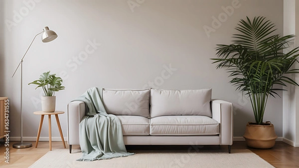 Obraz Light gray sofa, mint throw, and a plant in a living room.
