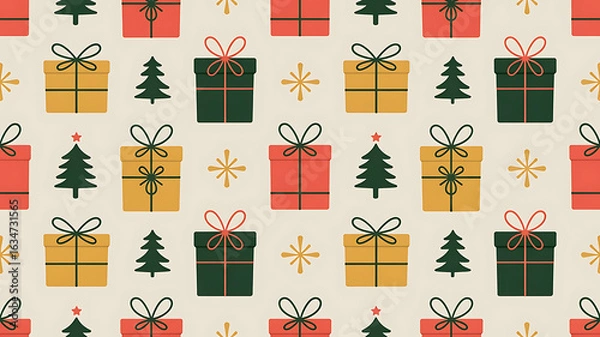 Obraz Christmas gift boxes and trees, festive pattern.
