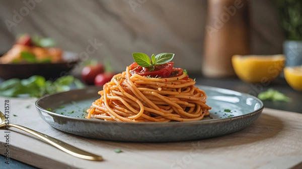 Obraz A plate of spaghetti with tomato sauce and basil.
