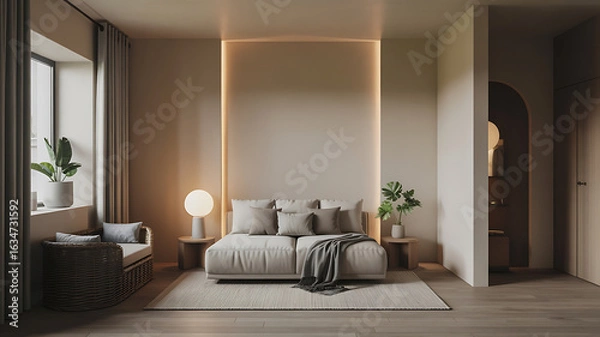Obraz Beige bedroom with minimalist decor. Soft lighting, comfortable bed.
