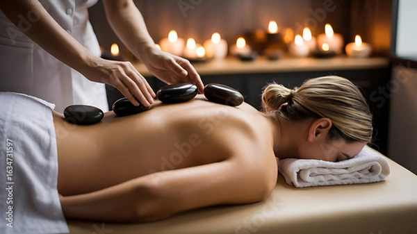 Obraz Woman receiving hot stone massage.
