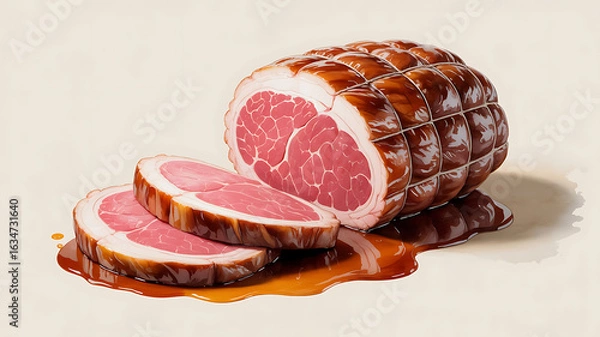 Obraz Sliced glazed ham, glistening with sauce.
