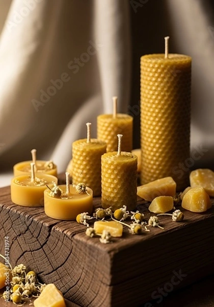 Fototapeta A collection of handcrafted beeswax candles with a honeycomb texture, displayed on a wooden surface.