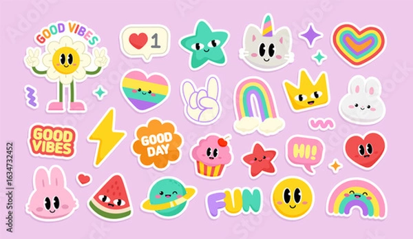 Fototapeta Cute Rainbow Kawaii stickers set. Adorable kawaii sticker set with rainbow unicorn, hearts, happy bunny, kitten, and good vibes quotes. Bright and fun vector stickers collection 