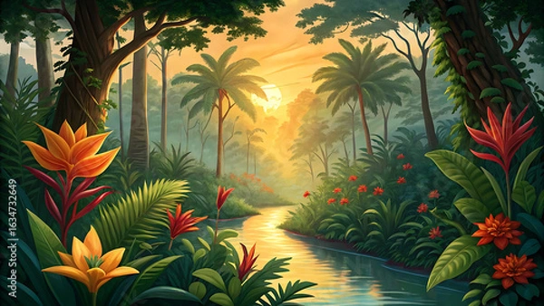 Fototapeta Tropical river scene with palm trees, flowers, and lush vegetation at sunset or sunrise