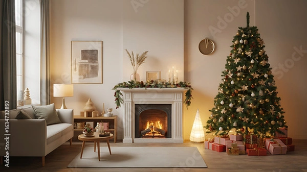 Obraz Cozy Christmas living room with fireplace and tree.
