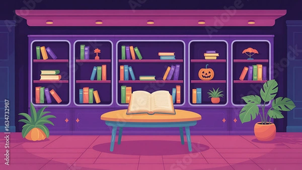 Obraz Dark library interior, bookshelves, open book on table.
