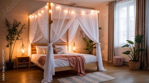 Obraz Cozy bedroom with canopy bed, warm lighting, and plants.
