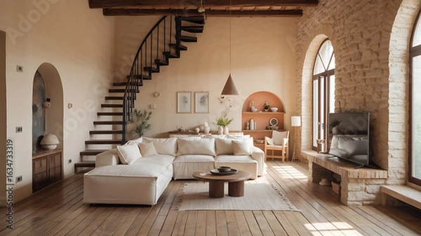 Obraz Beige sectional sofa in a rustic, light-filled living room.
