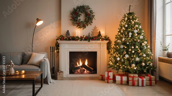 Obraz Cozy Christmas living room with fireplace, tree, and presents.
