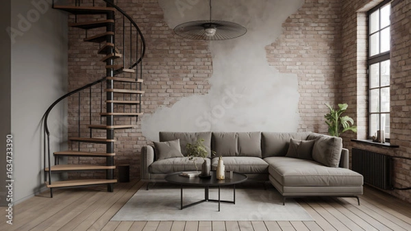 Obraz Modern loft living room with spiral staircase and sectional sofa.
