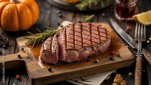 Obraz Grilled steak on wooden board, ready to eat.
