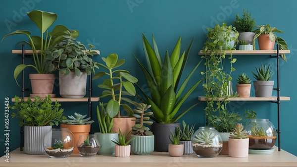 Obraz Plants in various pots displayed on tiered shelves.
