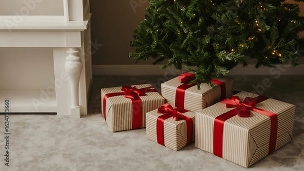 Obraz Wrapped gifts under a Christmas tree. Cozy holiday scene.
