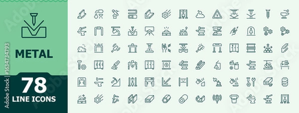 Fototapeta Metal line icon set. Minimalist editable vector stroke. It contains symbols to metallurgy, bar, manufacturing, metallic, industry, stainless, iron. Vector illustration. Pixel perfect. Steel icon set.