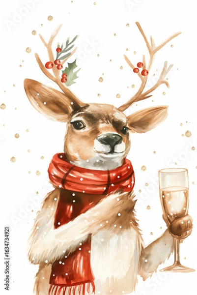 Obraz Christmas watercolor reindeer in red scarf with champagne glass in snow. Winter celebration concept.