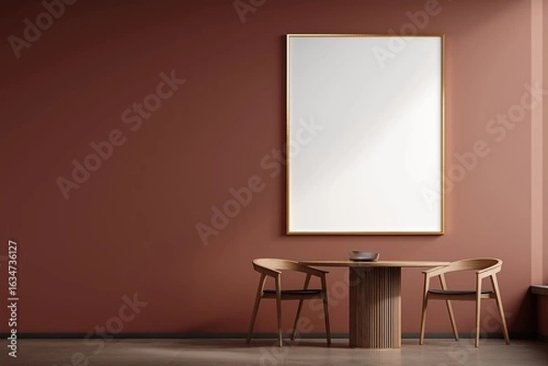 Fototapeta Blank gold-framed mockup on muted terracotta-colored wall in minimalist dining area with wooden table and chairs