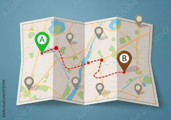 Fototapeta Flat illustration of a folded paper map with a marked route from point a to point b, indicating a journey