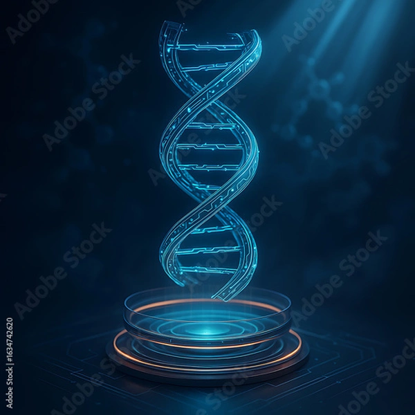 Obraz Floating double helix DNA structure glowing above platform in futuristic blue biotech environment
