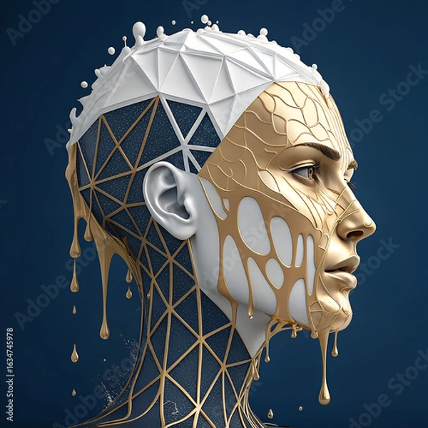 Obraz Surreal 3D Render of a Human Head with Liquid Metal and Polygonal Design