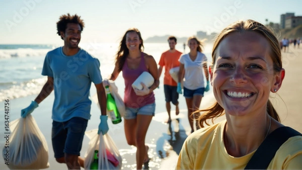 Fototapeta Diverse Group of Friends Working Together at a Beach Cleanup