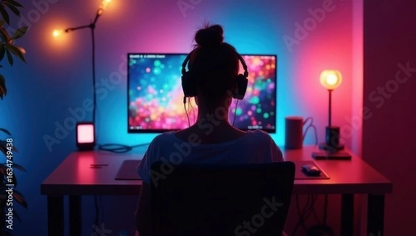 Fototapeta Young Woman Immersed in Gaming with Colorful LED Lights Illuminating Her Workspace