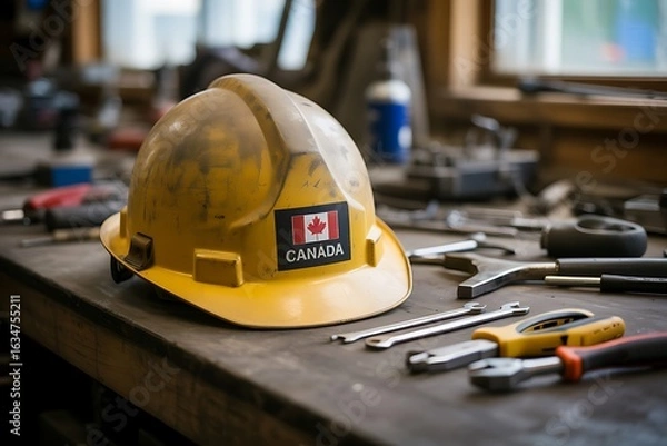 Fototapeta Rugged yellow hard hat with Canadian flag rests on a workbench amidst various tools and equipment, symbolizing construction and industry.