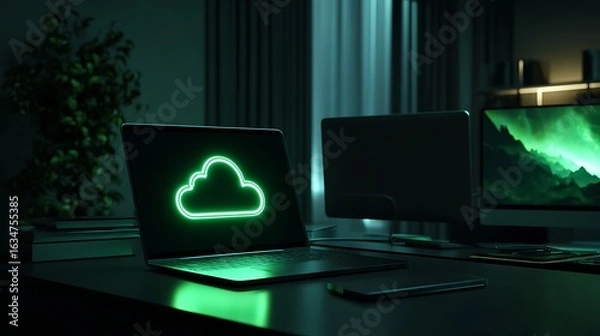 Fototapeta A laptop displays a green cloud icon with a second monitor and plant in a dimly lit room setup