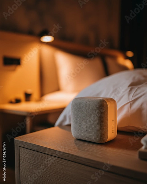 Obraz Portable white noise machine on hotel bedside table for sensory-friendly sleep