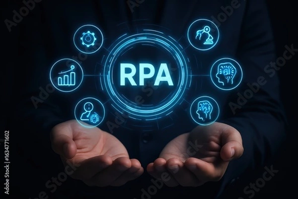 Fototapeta Robotic Process Automation Concept with Glowing RPA Interface