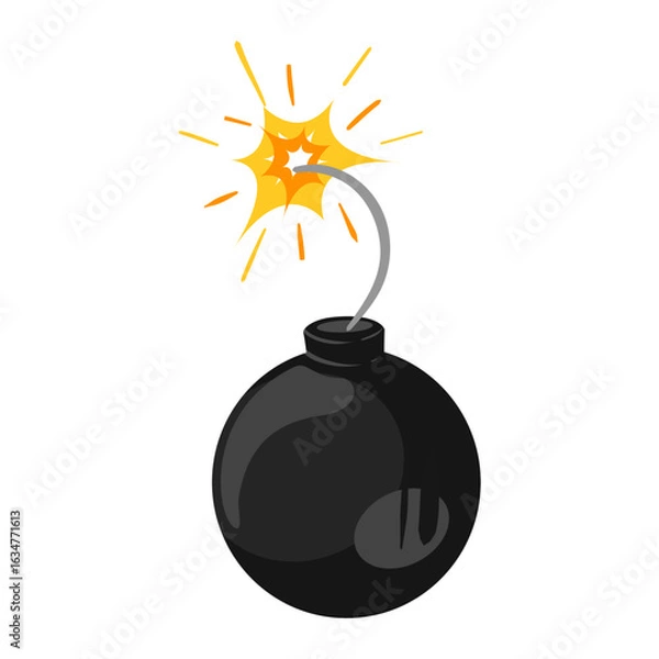 Fototapeta A classic black spherical bomb with a lit fuse sparking before detonation