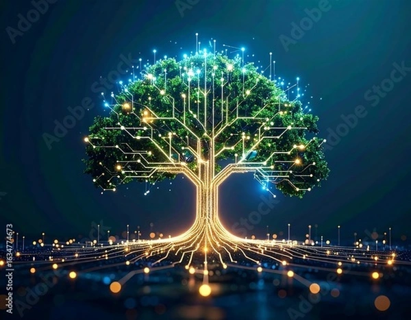 Fototapeta Glowing tree-like structure with illuminated circuit pathways