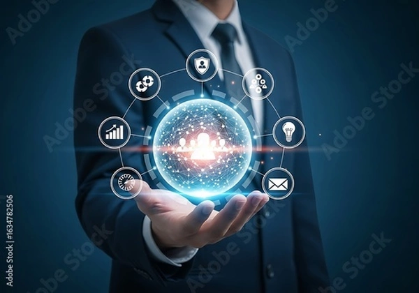 Fototapeta Businessman holding a digital sphere representing global network and communication