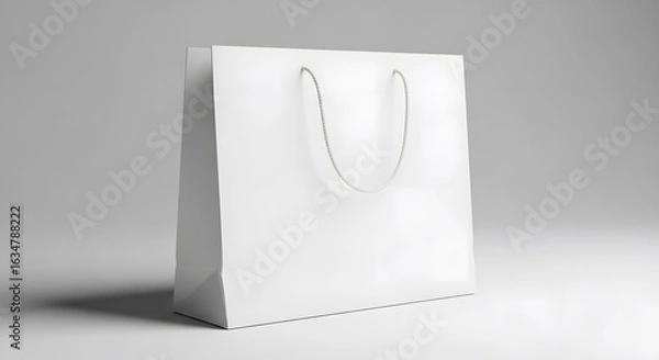 Fototapeta A clean white paper shopping bag with string handles stands upright on a light gray surface, creating a simple mockup.