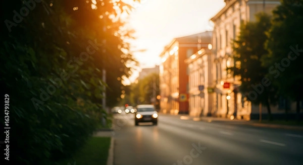 Fototapeta Blured cityscape featuring a car on a road amidst buildings and green trees bathed in golden