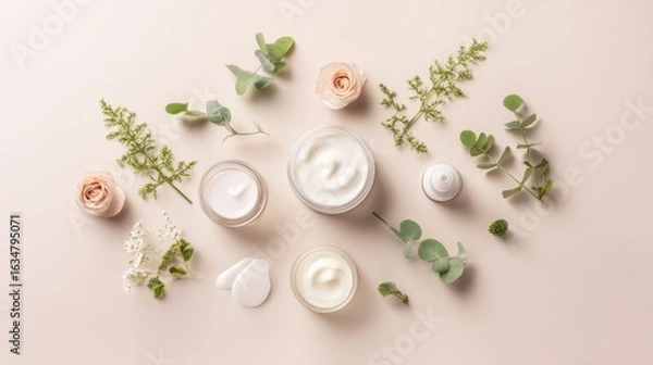 Fototapeta Skincare products in pastel tones arranged organically with soft diffused lighting from top-down view.