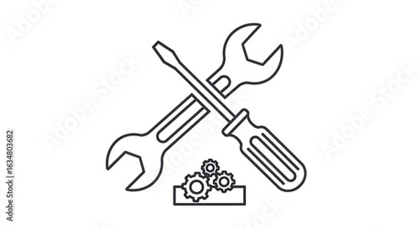 Fototapeta Simple Outline of Crossed Wrench and Screwdriver with Gears