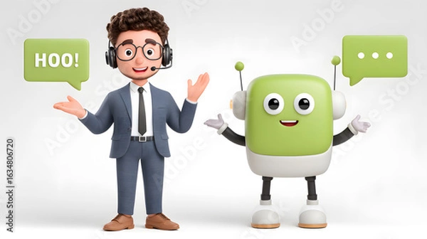 Fototapeta Dialogue between Man and Chatbot: An engaging dialogue unfolds as a human interacts with a cheerful chatbot.