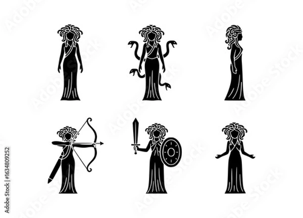 Fototapeta Medusa's iconic image in various poses, showcasing her powerful presence and unique style. A series of stunning silhouettes of the legendary Medusa, a woman with snakes for hair, with a bow and arrow.
