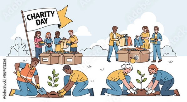 Fototapeta Vector scene of diverse volunteers planting trees and giving out clothes, cheerful faces, charity day flag in background