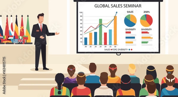 Fototapeta Global Sales Seminar Presentation With International Team And Graph Data