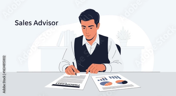 Fototapeta Executive Analyzing Report And Writing Sales Proposal In Office